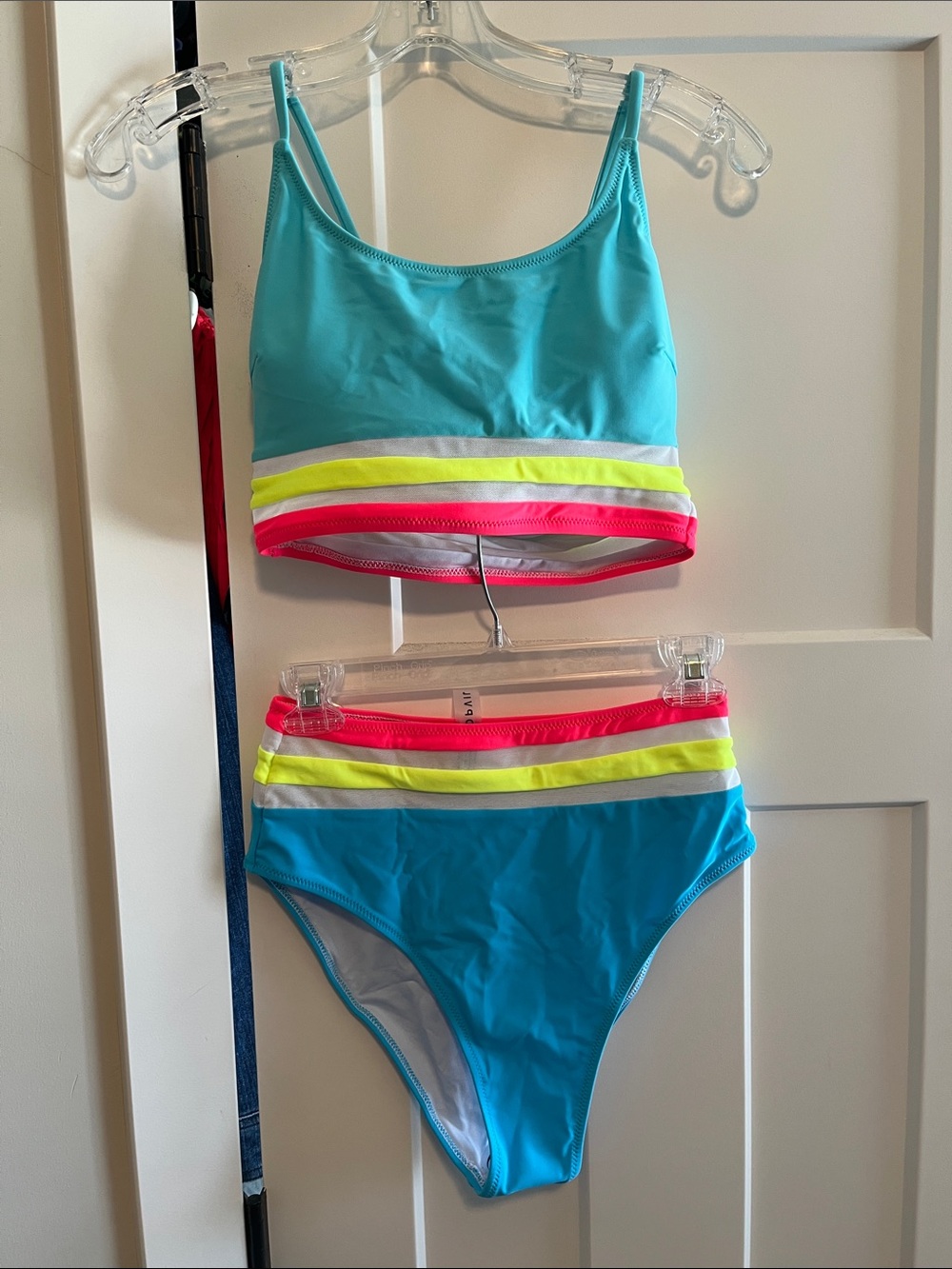 Popvil Aqua Two-Piece Tankini with Neon Stripe Waistband
